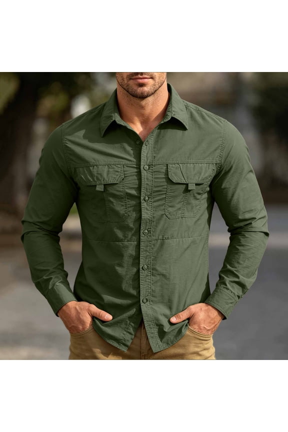 Men's Long Sleeve Tactical Shirt Ripstop UPF 50+ Top Breathable Button Down Outdoor Hiking Clothes with Pockets Army Green L
