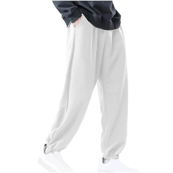 CQONEPT Men's Pants BaggySweatpants Drawstring Casual Elastic Waisted Pants Loose Fit Tapered Outdoor Trousers with Pockets White XXXL