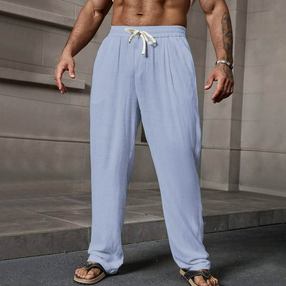 CQONEPT Men's Pants Drawstring Elastic Waist Breathable Pant Lightweight Workouts Jogging Streetwear Trousers Light Blue L