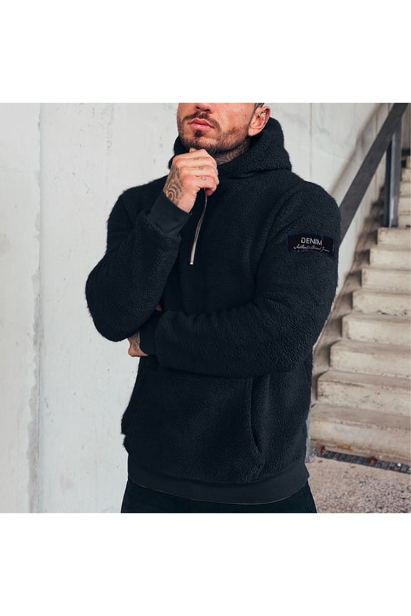 Men's Sherpa Fleece Winter Sweatshirts 1/4 Zip Fluffy Hoodies Cozy Soft Warm Pullover Tops with Pockets Black 2XL