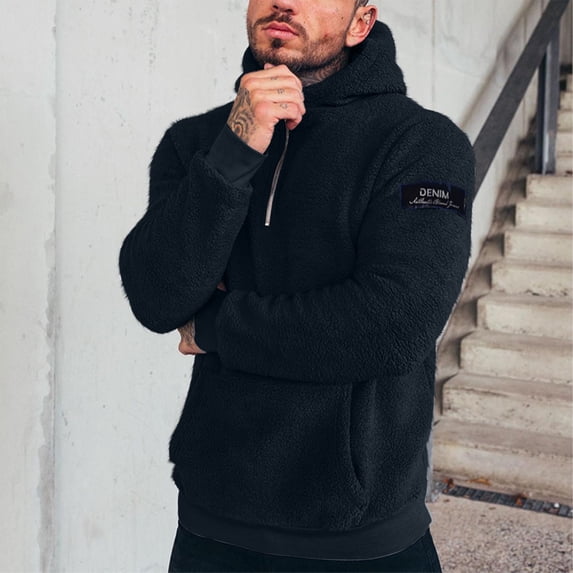 CQONEPT Men's Sherpa Fleece Winter Sweatshirts 1/4 Zip Fluffy Hoodies Cozy Soft Warm Pullover Tops with Pockets Black XL