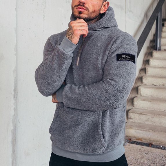 CQONEPT Men's Sherpa Fleece Winter Sweatshirts 1/4 Zip Fluffy Hoodies Cozy Soft Warm Pullover Tops with Pockets Gray XL