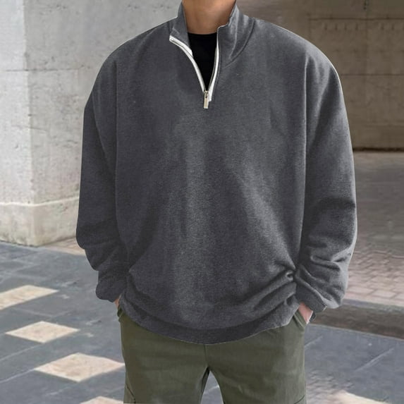 CQONEPT Men's Sweatshirts Drop Shoulder 1/4 Zip Pullover Tops Long Sleeve Casual Tunic Tops Fall Winter Clothes Dark Gray XL
