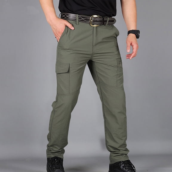 CQONEPT Men's Tactical Pants Big and Tall Quick Dry Waterproof Cargo Pant Casual Loose Fit Camping Hiking Trousers with Pockets Green M