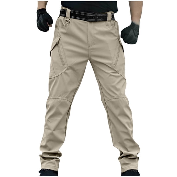 CQONEPT Men's Tactical Pants with Zip Pockets Ripstop Cargo Pant Durable Stretch Hiking Camping Trousers Khaki L