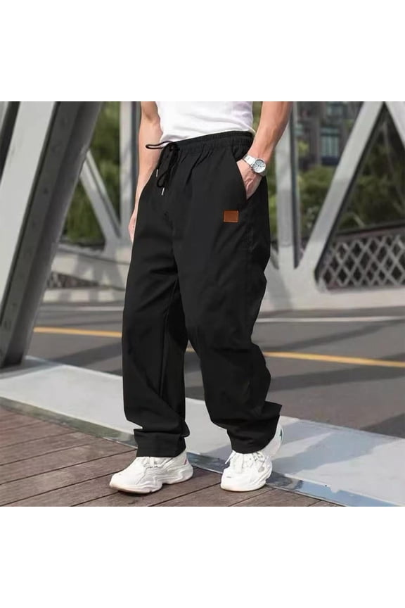 Men's Twill Chino Pants Drawstring Elastic Waist Pants Casual Baggy Athletic Streetwear Trousers with Pockets Black L