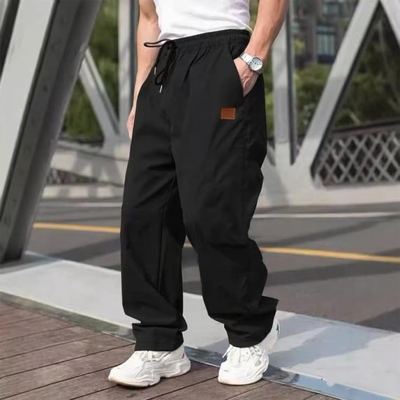 CQONEPT Men's Twill Chino Pants Drawstring Elastic Waist Pants Casual Baggy Athletic Streetwear Trousers with Pockets Black M
