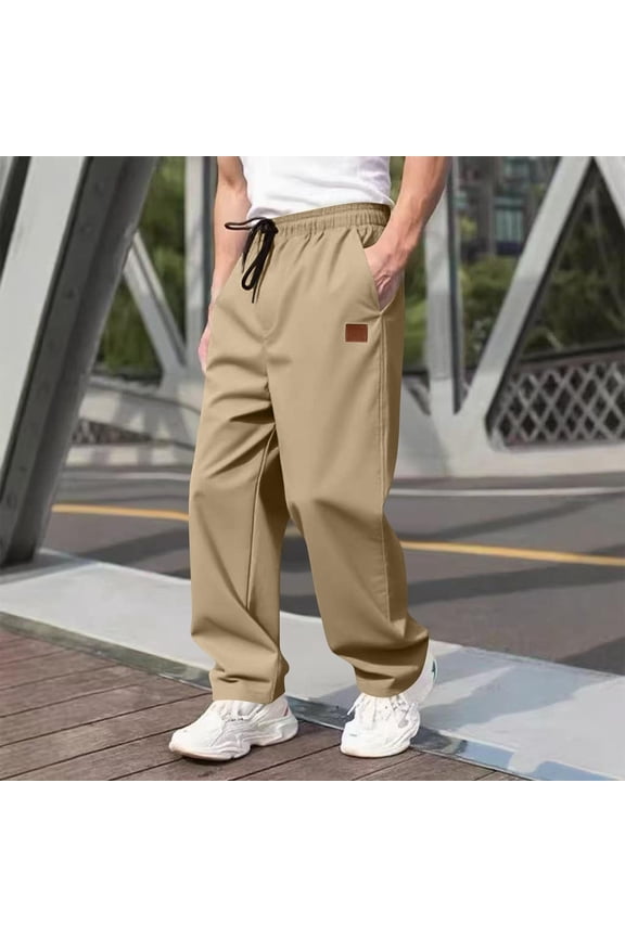 Men's Twill Chino Pants Drawstring Elastic Waist Pants Casual Baggy Athletic Streetwear Trousers with Pockets Khaki M