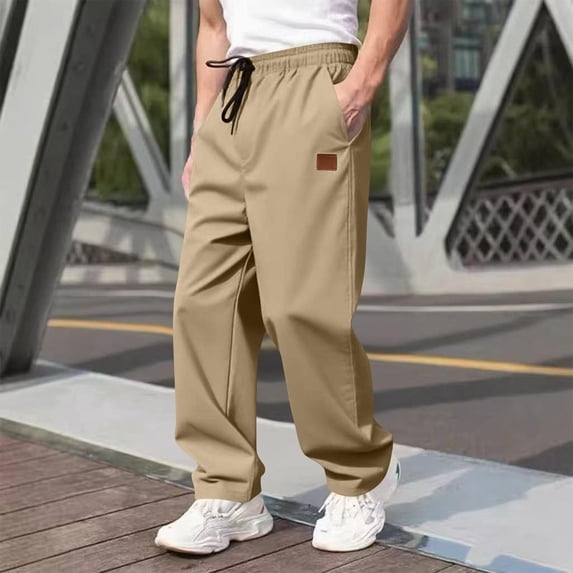 CQONEPT Men's Twill Chino Pants Drawstring Elastic Waist Pants Casual Baggy Athletic Streetwear Trousers with Pockets Khaki XL
