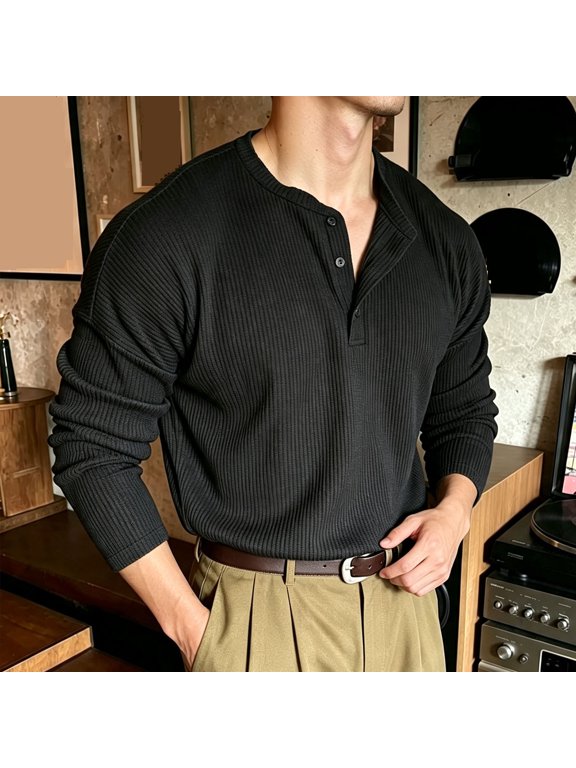 Men's Waffle Knit Henley Shirt Classic Lightweight Long Sleeve Casual Top Winter Essentials Work School Daily Wear Everyday L