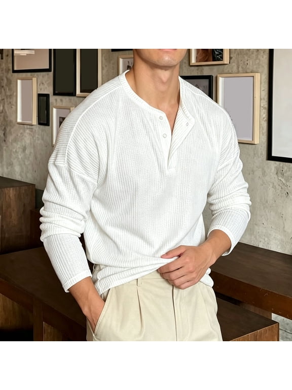Men's Waffle Knit Henley Shirt Classic Lightweight Long Sleeve Casual Top Winter Essentials Work School Daily Wear Everyday S
