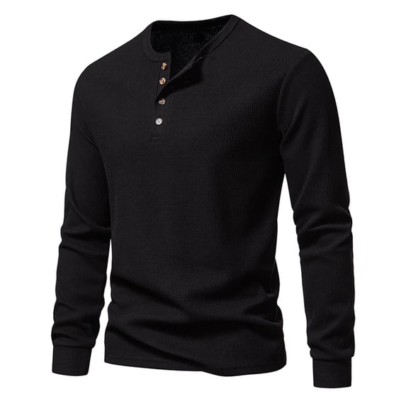 CQONEPT Men's Waffle Shirts Henley Lapel Neck Pullover Tops Casual Long Sleeve Tunic Tops Comfy Clothes Black 2XLL