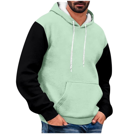 CQONEPT Men's Winter Hoodies Drawstring Lounge Sweatshirts Color Block Pullover Tops Fashion Clothes with Pockets Mint Green XL