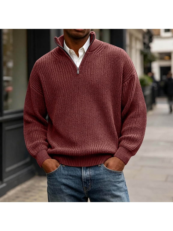 Men's Zipper Ribbed Knit Big and Tall Sweaters Stand Neck Long Sleeve Pullover Shirts Fall Trendy Casual Plain Tops Red 3XL