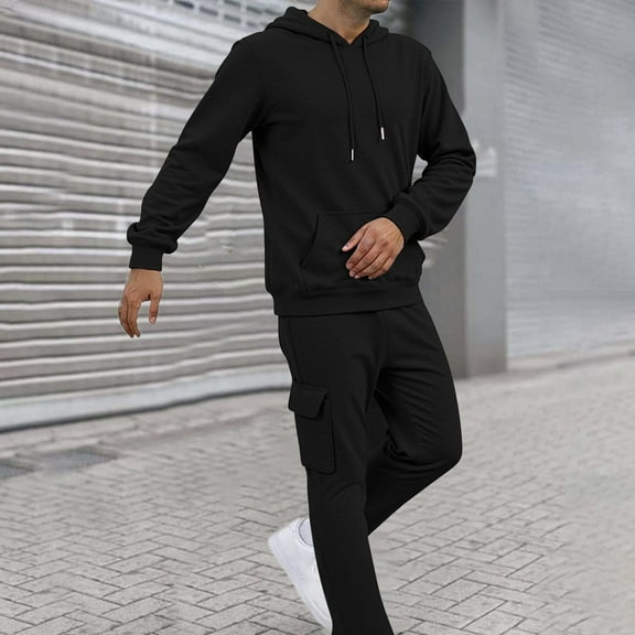 CQONEPT Mens 2 Piece Tracksuit Sweatsuit Casual Outfit Drawstring Sweatpants Sweatshirt Sets with Multi Pockets Black 3XL