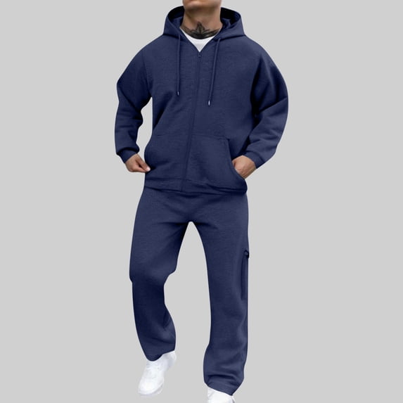CQONEPT Mens 2 Piece Tracksuit Sweatsuit Casual Outfit Drawstring Sweatpants Sweatshirt Sets with Multi Pockets Dark Blue XL