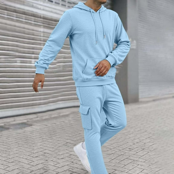 CQONEPT Mens 2 Piece Tracksuit Sweatsuit Casual Outfit Drawstring Sweatpants Sweatshirt Sets with Multi Pockets Light Blue 3XL