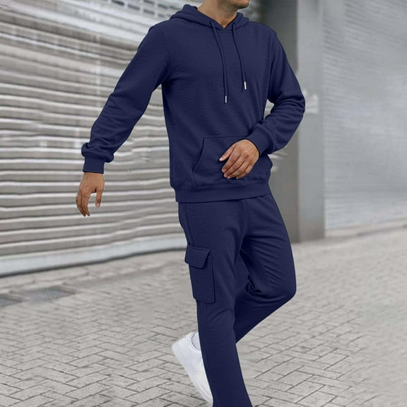 CQONEPT Mens 2 Piece Tracksuit Sweatsuit Casual Outfit Drawstring Sweatpants Sweatshirt Sets with Multi Pockets Navy L