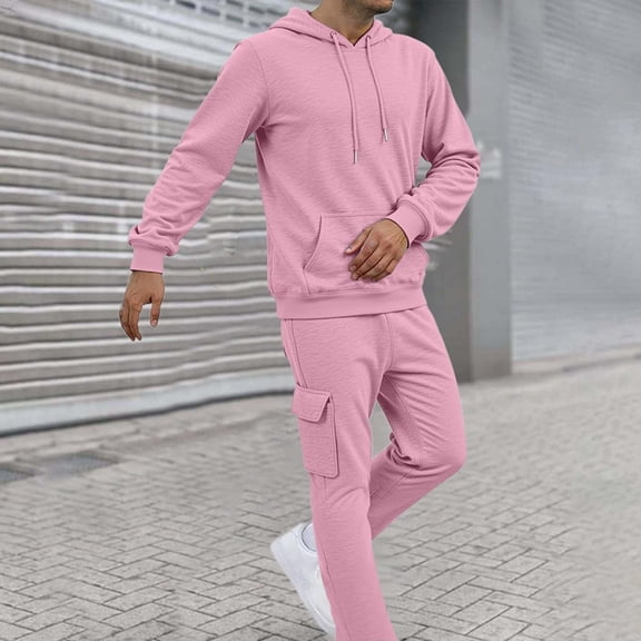 CQONEPT Mens 2 Piece Tracksuit Sweatsuit Casual Outfit Drawstring Sweatpants Sweatshirt Sets with Multi Pockets Pink S