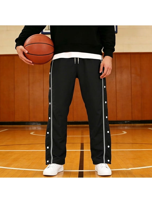 Mens Basketball Pant Side Snap Button Drawstring Waist Pants Athletic Casual Track Trousers with Pockets Black XL