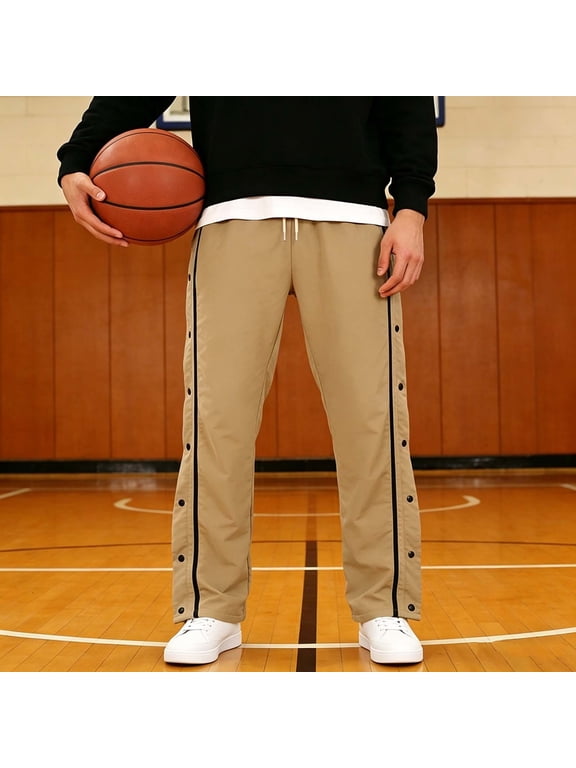 Mens Basketball Pant Side Snap Button Drawstring Waist Pants Athletic Casual Track Trousers with Pockets Khaki 3XL