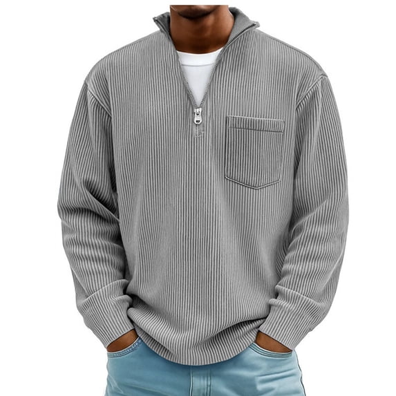CQONEPT Mens Big and Tall Corduroy Quarter Zip Sweatshirt Casual Henly Sweater Trendy Tops Lightweight Stand Collar Pullover Shirts with Pockets Gray S