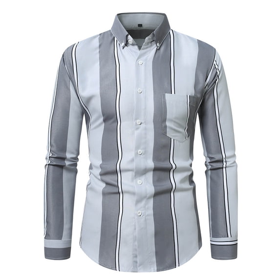 CQONEPT Mens Big and Tall Blouse Button Down Shirts Lapel Neck Stripe Tunic Tops Classic Fit Tshirt with Pockets Gray M