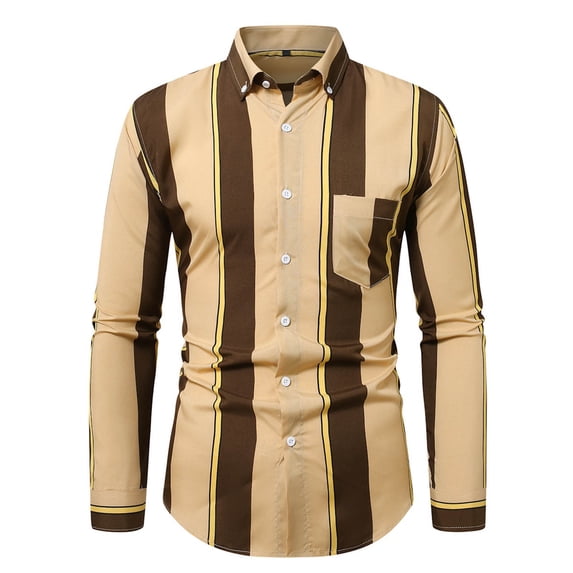 CQONEPT Mens Big and Tall Blouse Button Down Shirts Lapel Neck Stripe Tunic Tops Classic Fit Tshirt with Pockets Yellow L