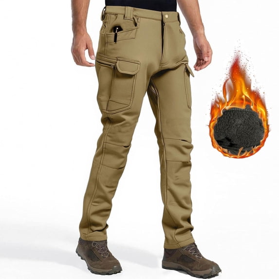 CQONEPT Mens Big and Tall Cargo Pants with Multi Pockets Fleece Lined Tactical Pant Hiking Travel Outdoor Trousers Khaki L