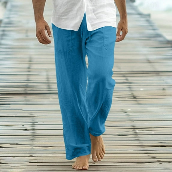 CQONEPT Mens Big and Tall Linen Cotton Pant Baggy Casual Streetwear Pants Comfortable Outdoor Trousers with Pockets Green S
