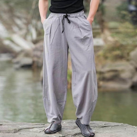 CQONEPT Mens Big and Tall Pants Linen Cotton Casual Baggy Pant Elastic Waist Drawstring Athletic Trousers with Pockets Gray 5XL