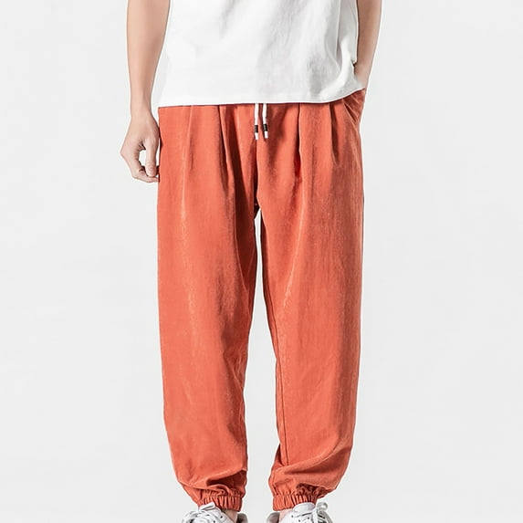 CQONEPT Mens Big and Tall Sweatpants Lounge Baggy Tapered Cargo Pant Drawstring Elastic Waisted Outdoor Pants with Multi Pockets Orange XL