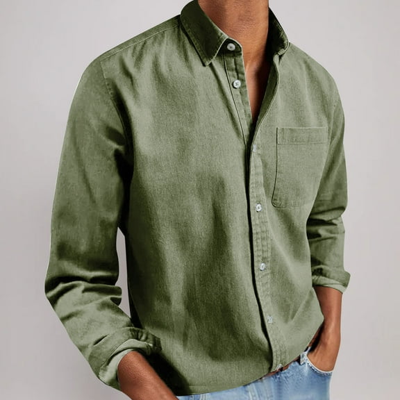 CQONEPT Mens Button Down Blouse Lapel Neck Casual Long Sleeve Shirts Fall Fashion Tunic Tops with Pockets Army Green 4XL