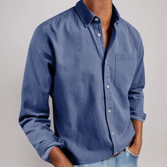 CQONEPT Mens Button Down Blouse Lapel Neck Casual Long Sleeve Shirts Fall Fashion Tunic Tops with Pockets Blue L