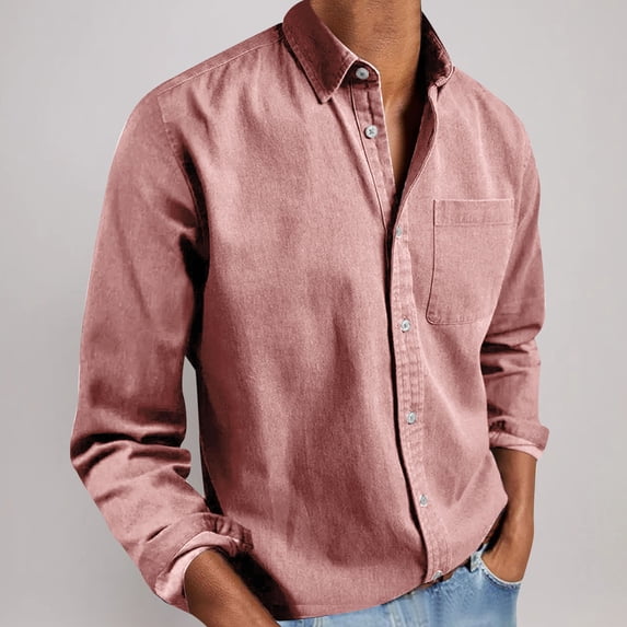 CQONEPT Mens Button Down Blouse Lapel Neck Casual Long Sleeve Shirts Fall Fashion Tunic Tops with Pockets Pink S