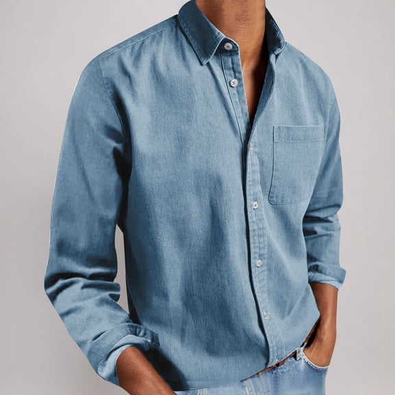 CQONEPT Mens Button Down Blouse Lapel Neck Casual Long Sleeve Shirts Fall Fashion Tunic Tops with Pockets Sky Blue 3XL