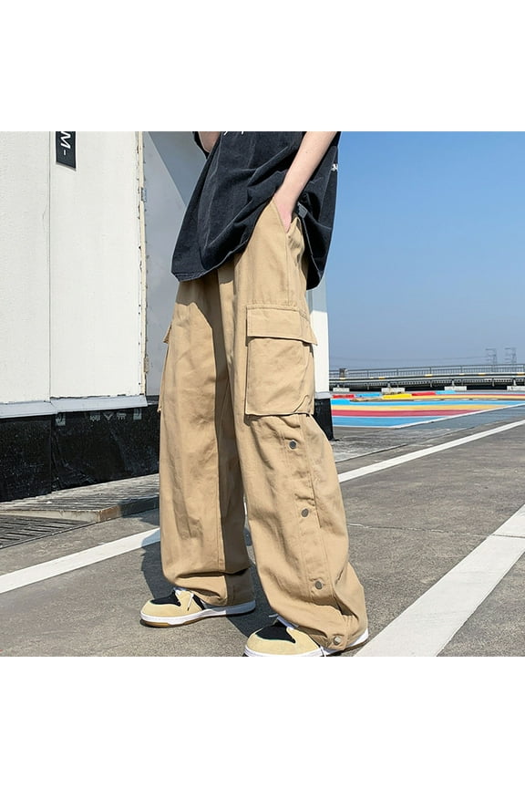 Mens Cargo Pants Side Button Split Jogger Pant Casual Baggy Outdoor Athletic Trousers with Pockets Khaki 2XL