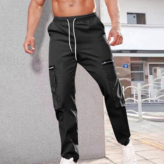 CQONEPT Mens Cargo Pants with Zip Pockets Drawstring Straight Leg Pant Stretch Trendy Outdoor Trousers Black 2XL