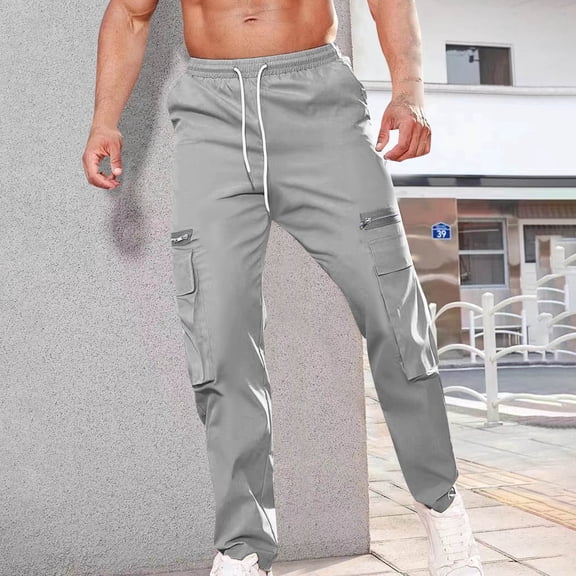 CQONEPT Mens Cargo Pants with Zip Pockets Drawstring Straight Leg Pant Stretch Trendy Outdoor Trousers Gray 2XL