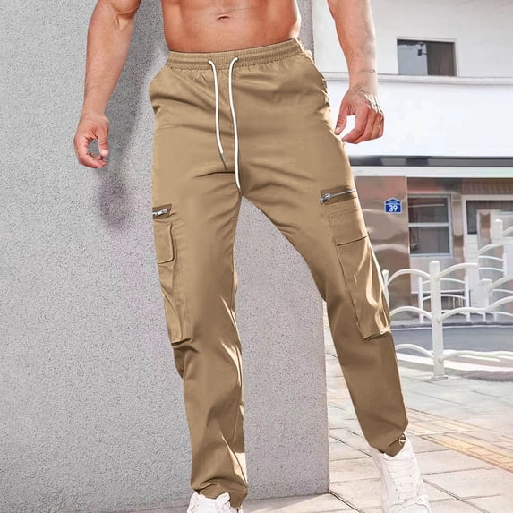 CQONEPT Mens Cargo Pants with Zip Pockets Drawstring Straight Leg Pant Stretch Trendy Outdoor Trousers Khaki XL