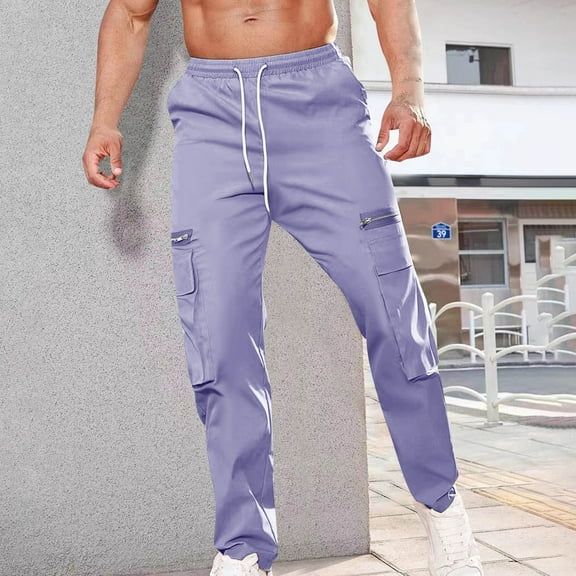 CQONEPT Mens Cargo Pants with Zip Pockets Drawstring Straight Leg Pant Stretch Trendy Outdoor Trousers Purple XL