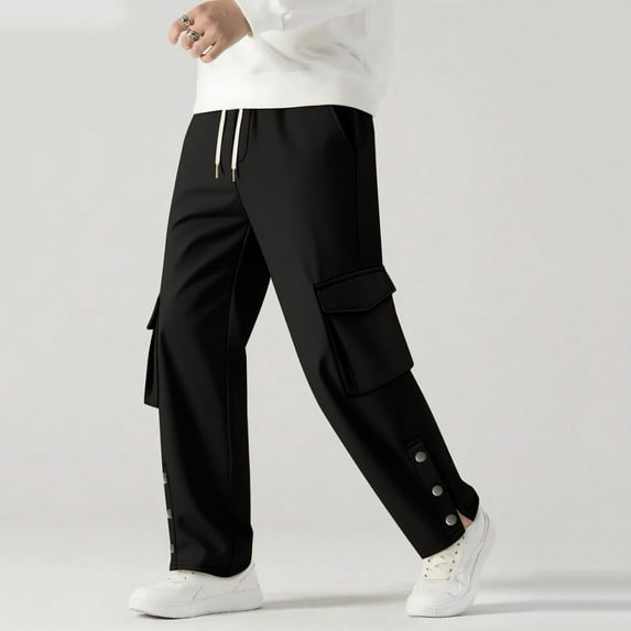 CQONEPT Mens Cargo Sweatpants Side Button Wide Leg Drawstring Pant Bootcut Fashion Trousers with Multi Pockets Black M