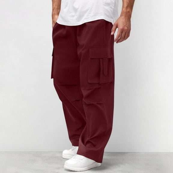 CQONEPT Mens Cargo Sweatpants with Multi Pockets Casual Baggy Pant Wide Leg Loungewear Outdoor Streetwear Pants Red M