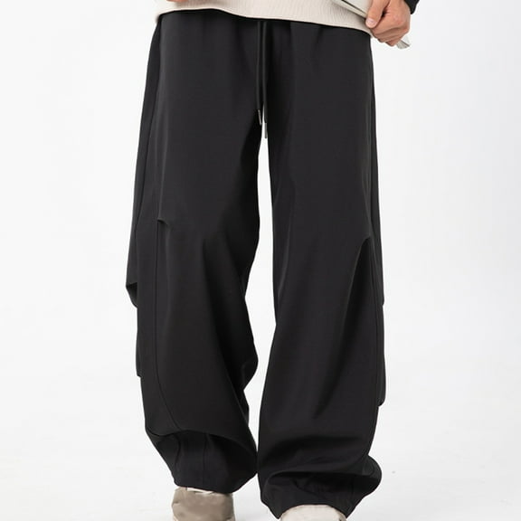 CQONEPT Mens Casual Pants Pleated Baggy Elastic Waist Pant Drawstring Athletic Running Trousers with Pockets Black M