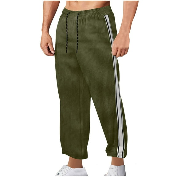 CQONEPT Mens Corduroy Sweatpants Casual Fleece Lined Pant Drawstring Trendy Side Striped Pants with Pockets Army Green S
