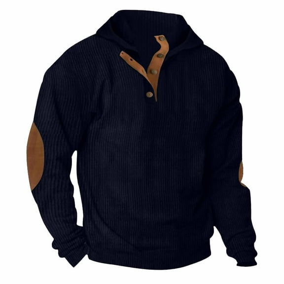 CQONEPT Mens Corduroy Sweatshirts Henley Button Pullover Tops Dressy Casual Clothes Fashion Outdoor Tunic Tops Dark Blue 2XL