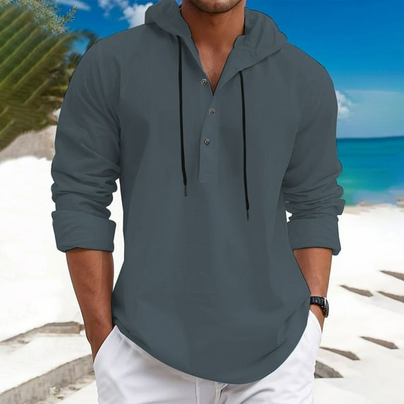 CQONEPT Mens Cotton Hoodies Dressy Casual Drawstring Sweatshirts V Neck Pullover Tops Fashion Hooded Gray XL