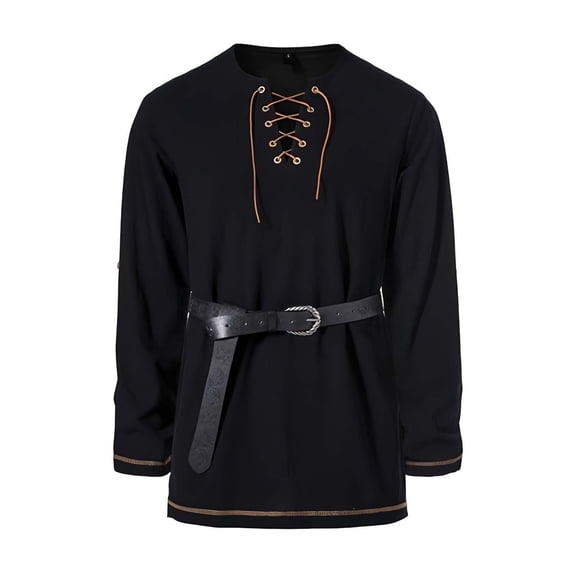 CQONEPT Mens Cotton Renaissance Shirt Long Sleeve Vintage Lace Up Retro Medieval Costume with Belt for Halloween Black 3XL