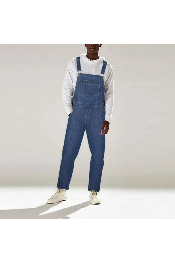 Mens Denim Bib Overall Adjustable Strap Lounge Loose Romper Fit Streetwear Y2Y Casual Trendy Jumpsuit Pants with Pockets Dark Blue M