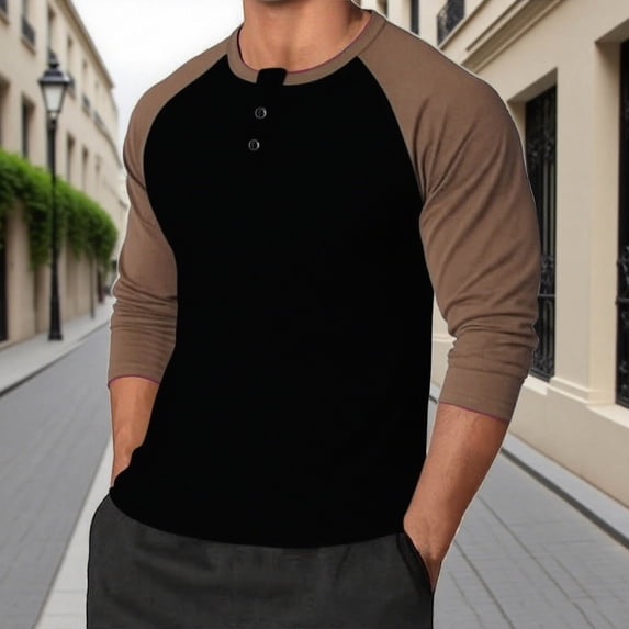CQONEPT Mens Henley Shirt Raglan Long Sleeve Henley T Shirt Sport Athletic Tee Color Block Button Game Day Tops Khaki 2XL